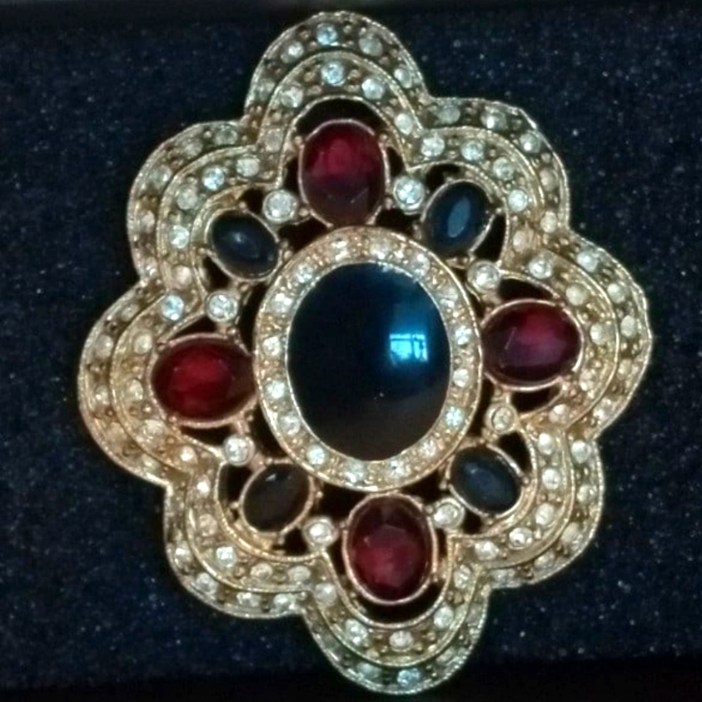 Vtg Beautiful Vintage Signed Roman Brooch Red Black Clear Rhinestones Gold Tone